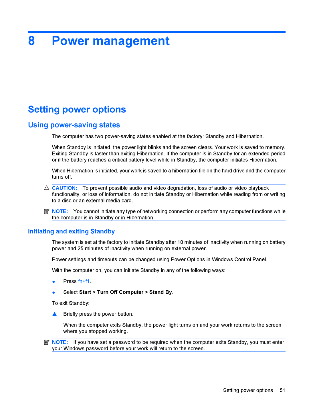 HP 3111000NR manual Power management, Setting power options, Using power-saving states, Initiating and exiting Standby 