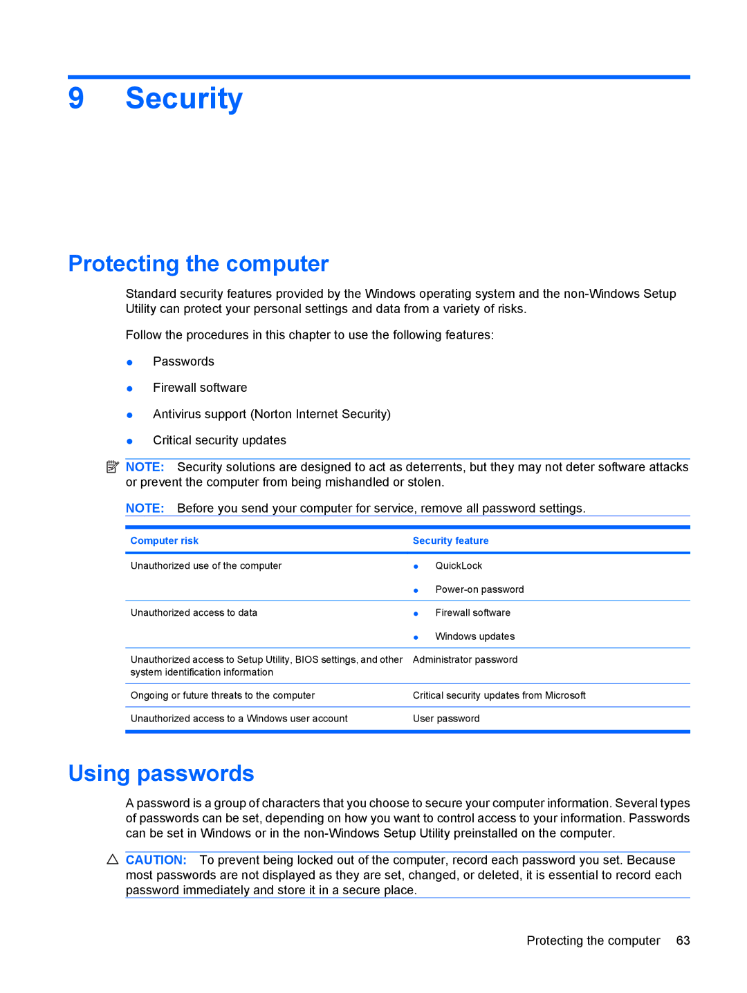 HP 3111000NR manual Security, Protecting the computer, Using passwords 