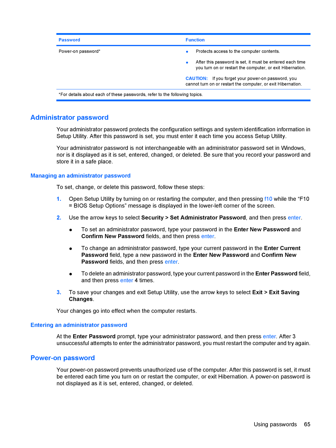 HP 3111000NR manual Administrator password, Power-on password 