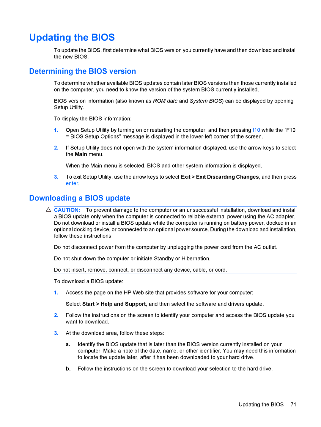 HP 3111000NR manual Updating the Bios, Determining the Bios version, Downloading a Bios update 