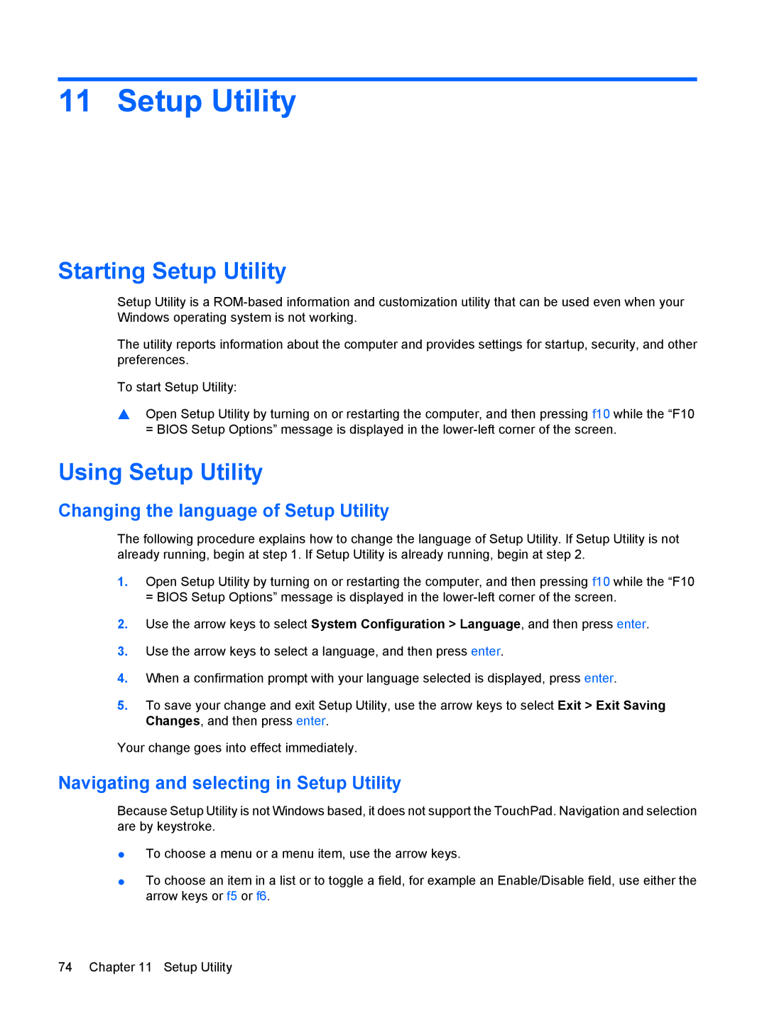 HP 3111000NR manual Starting Setup Utility, Using Setup Utility, Changing the language of Setup Utility 