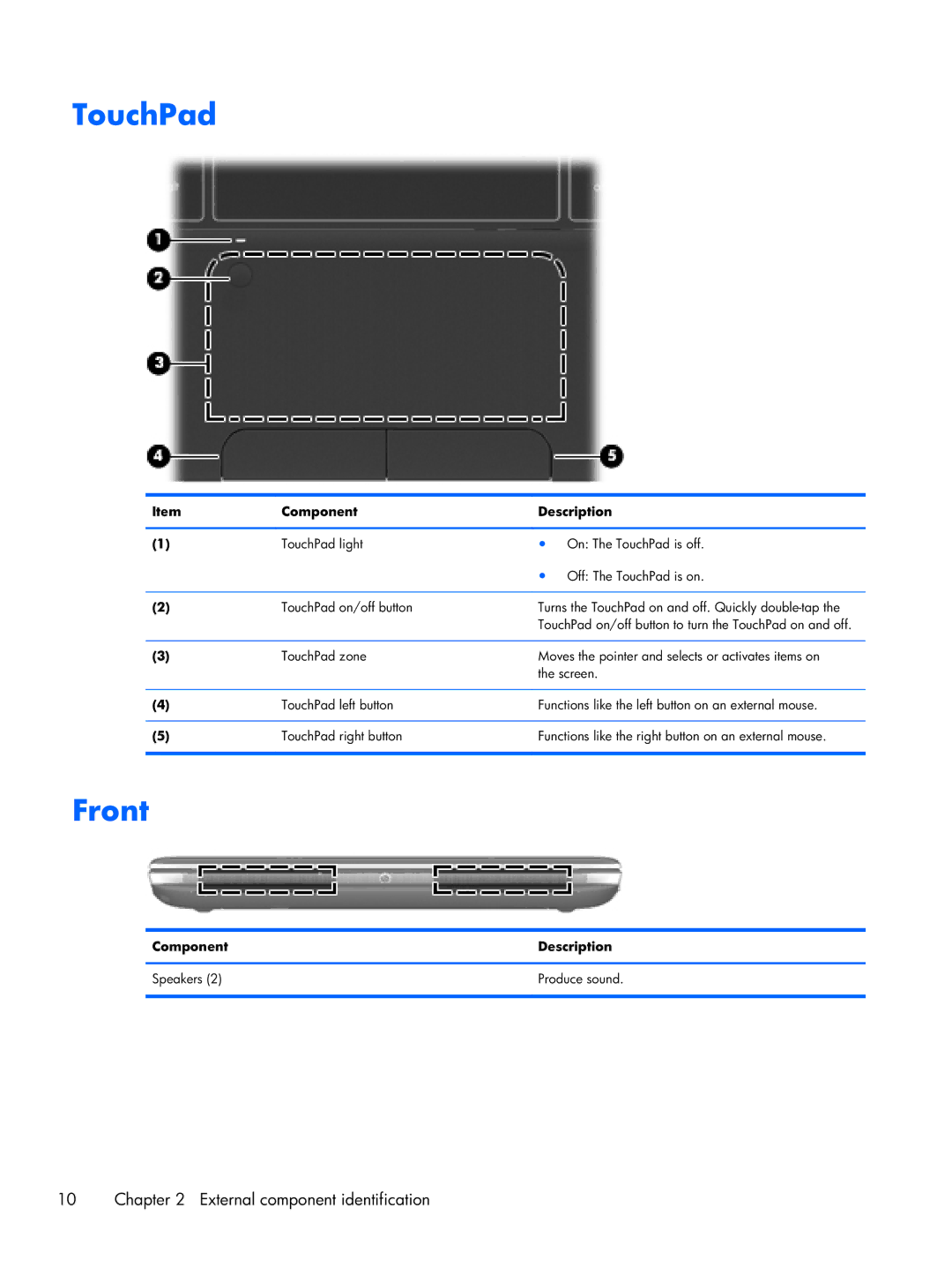 HP 3115m B2C43UT 11.6 B2C43UT#ABA manual TouchPad, Front, Component Description Speakers Produce sound 