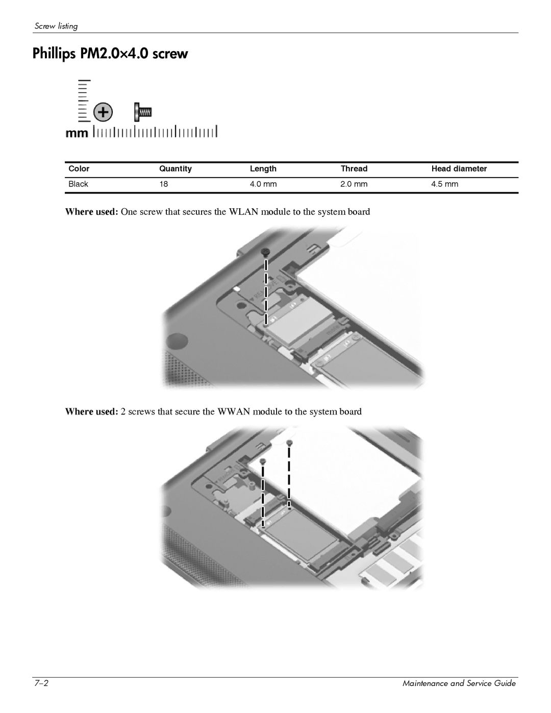 HP 311c-1070EF manual Phillips PM2.0×4.0 screw, Color Quantity Length Thread Head diameter Black 