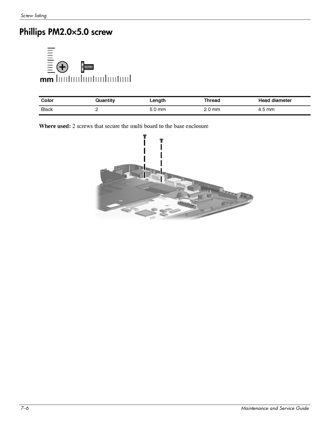 HP 311c-1070EF manual Phillips PM2.0×5.0 screw, Color Quantity Length Thread Head diameter Black 