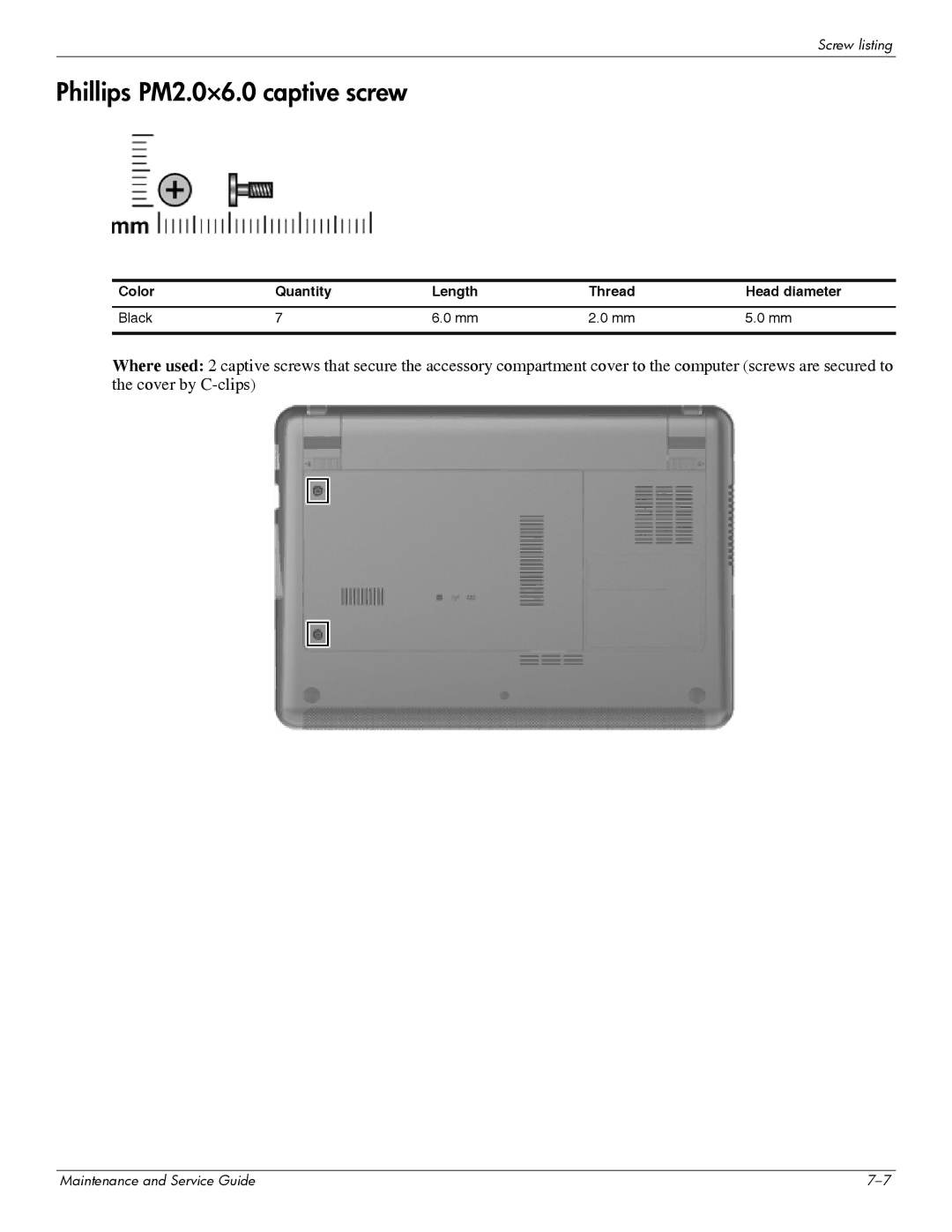 HP 311c-1070EF manual Phillips PM2.0×6.0 captive screw 