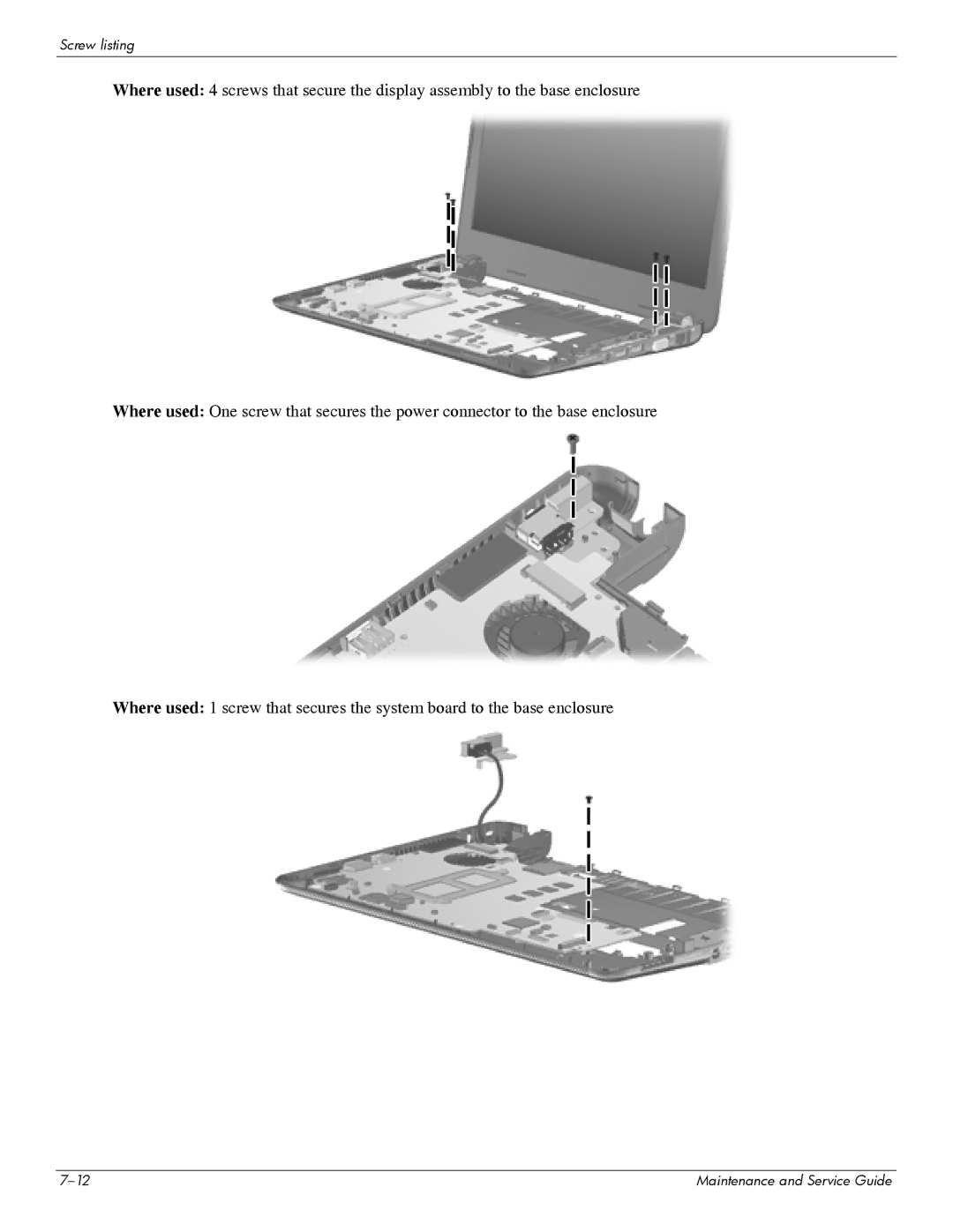 HP 311c-1070EF manual Screw listing 