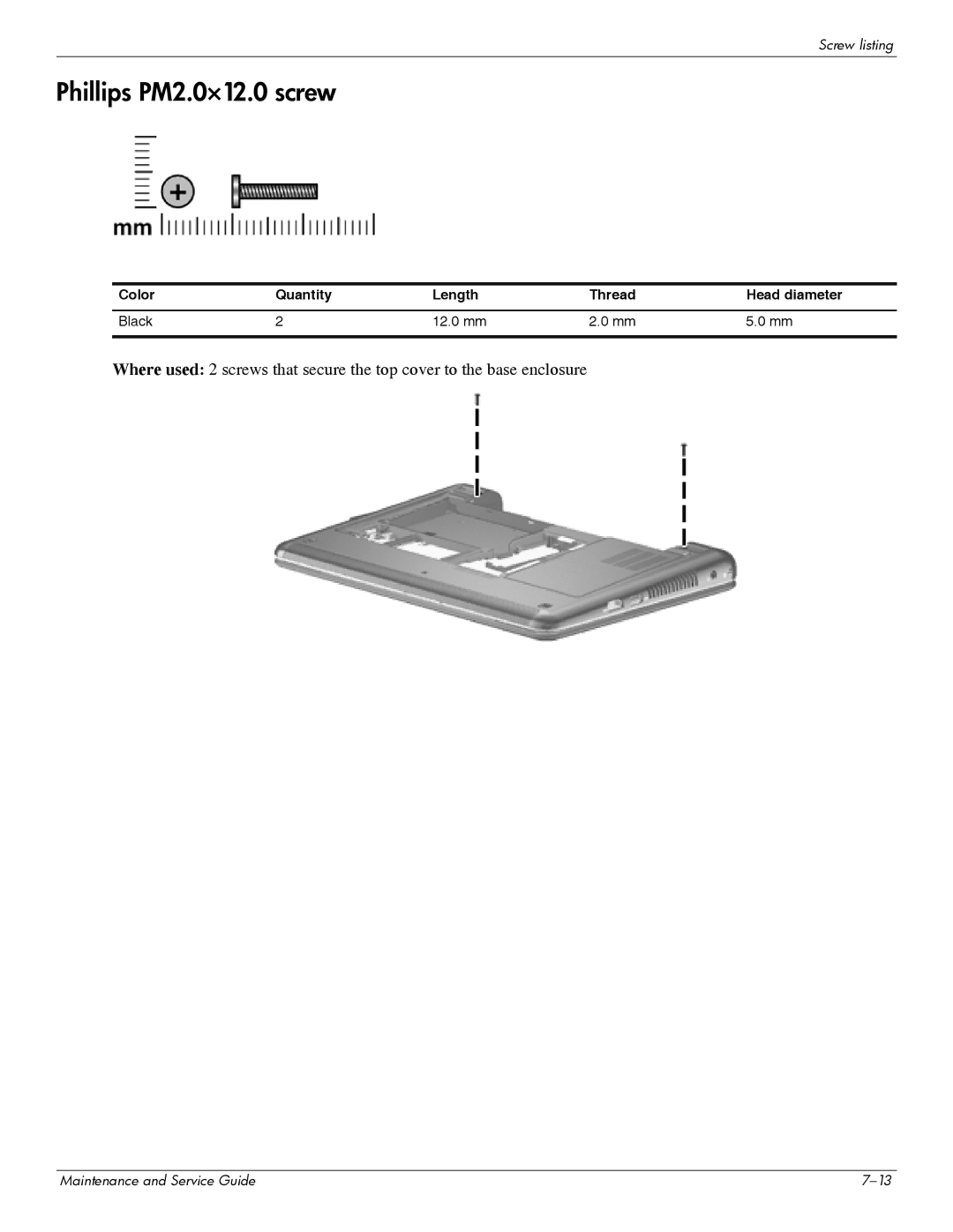 HP 311c-1070EF manual Phillips PM2.0×12.0 screw, Color Quantity Length Thread Head diameter Black 12.0 mm 