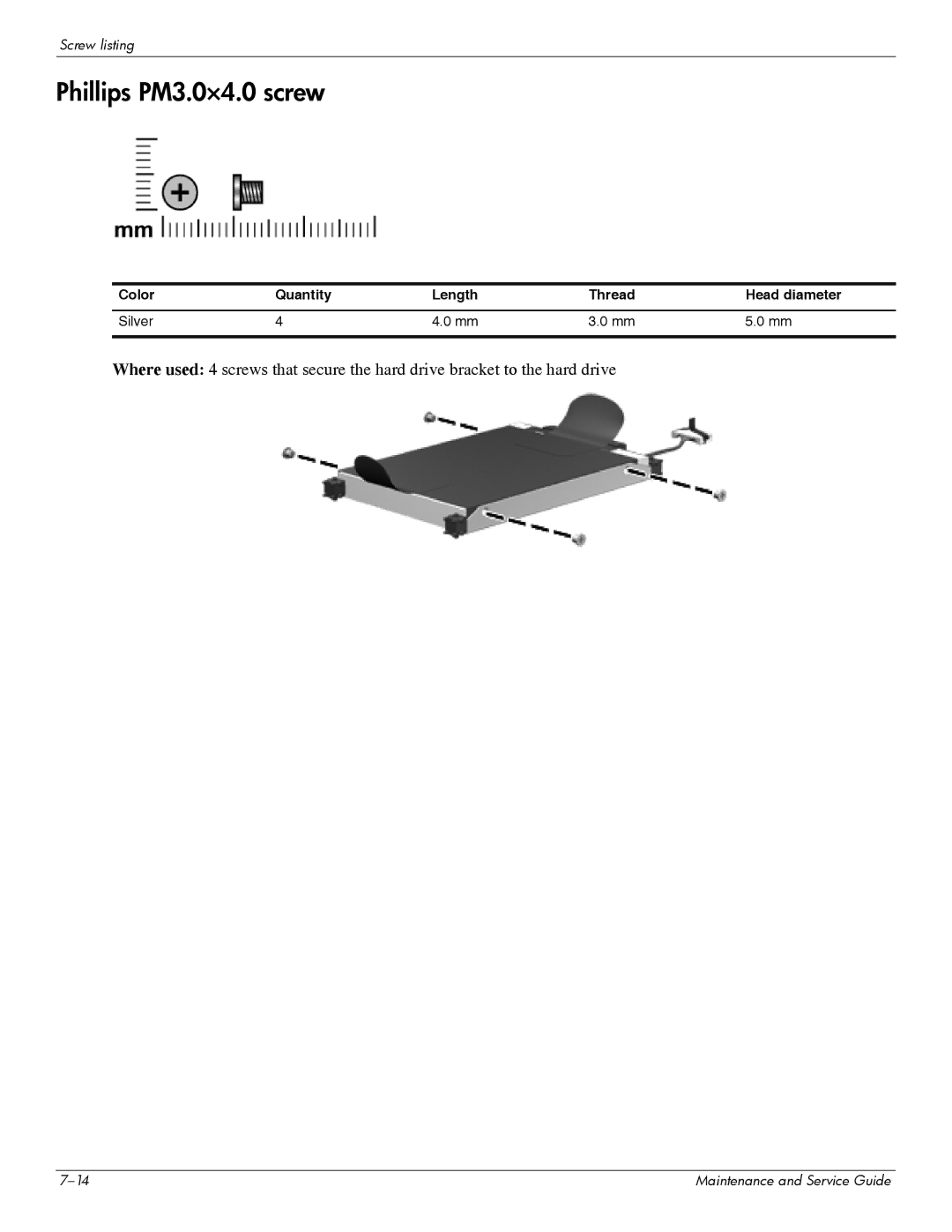 HP 311c-1070EF manual Phillips PM3.0×4.0 screw, Color Quantity Length Thread Head diameter Silver 