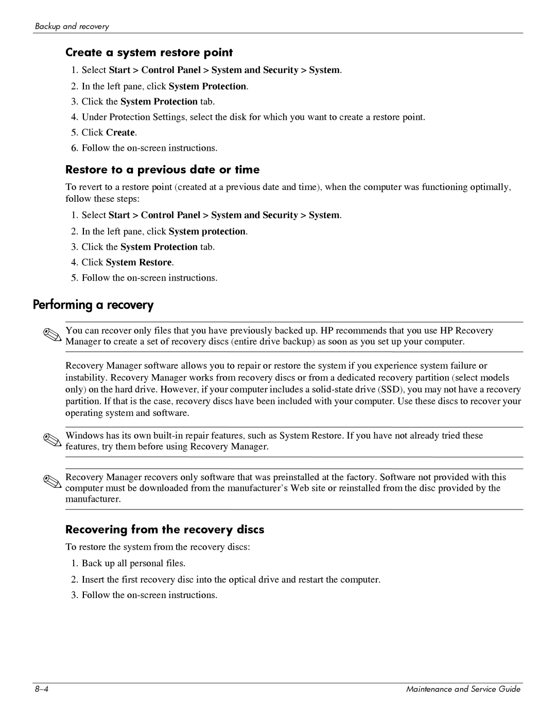 HP 311c-1070EF manual Performing a recovery, Create a system restore point 