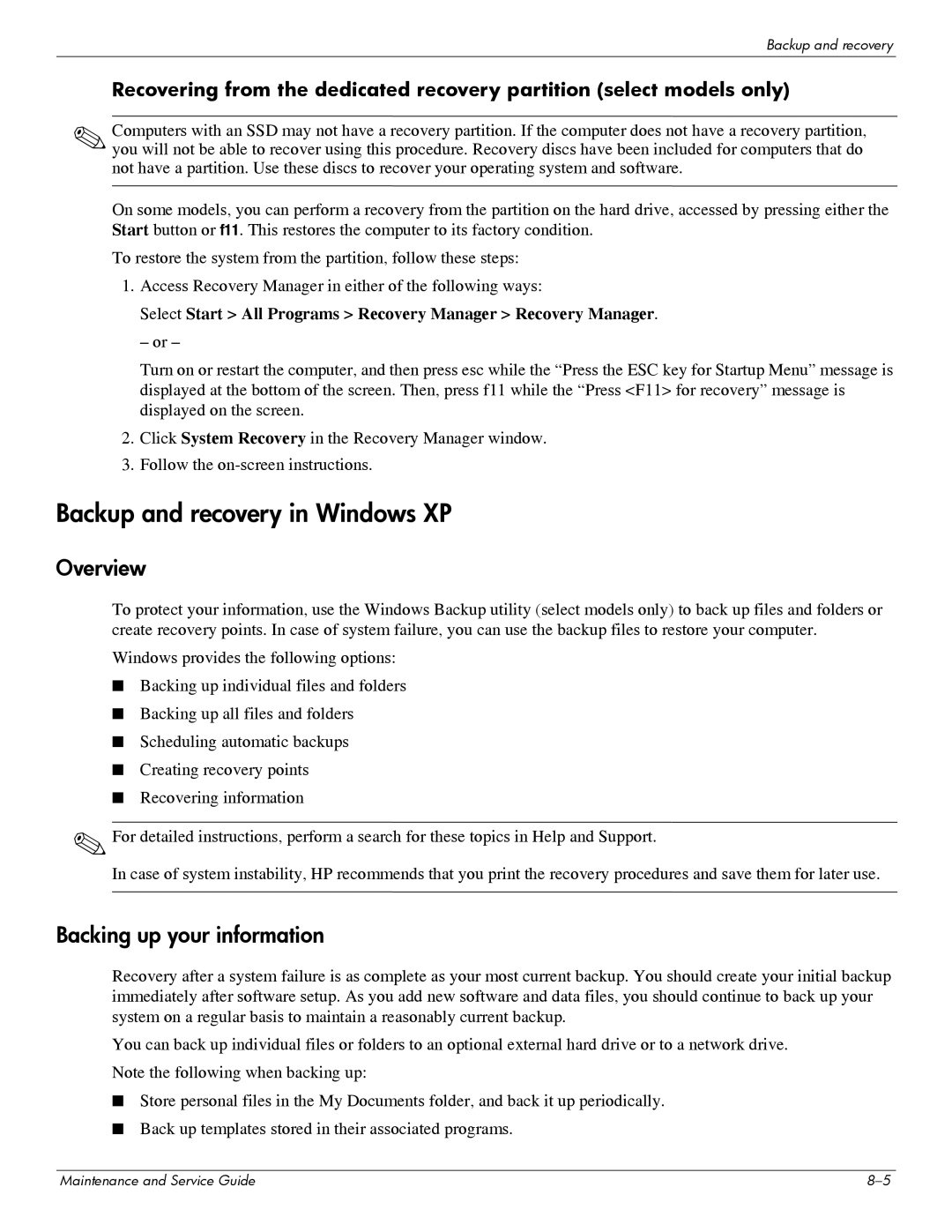 HP 311c-1070EF manual Backup and recovery in Windows XP, Select Start All Programs Recovery Manager Recovery Manager 