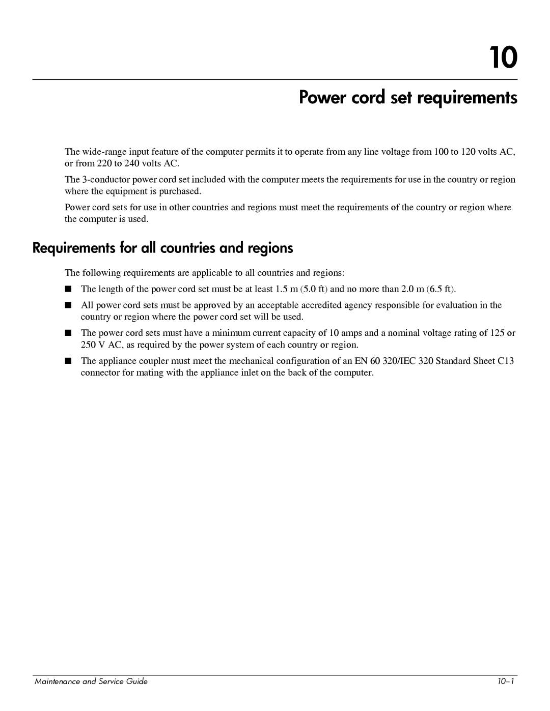 HP 311c-1070EF manual Power cord set requirements, Requirements for all countries and regions 