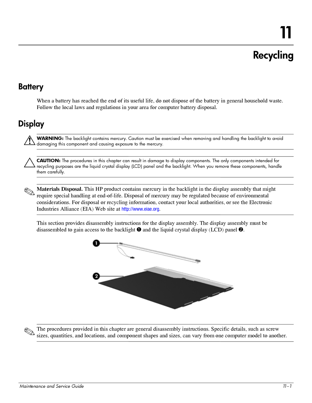 HP 311c-1070EF manual Recycling, Battery 