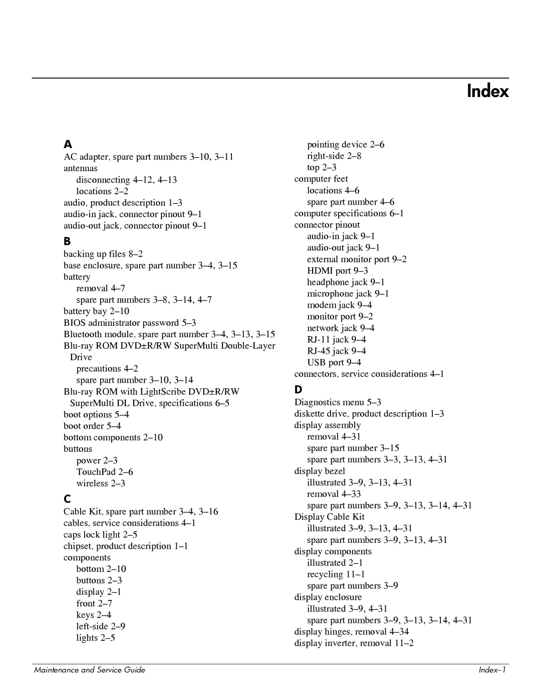 HP 311c-1070EF manual Index 