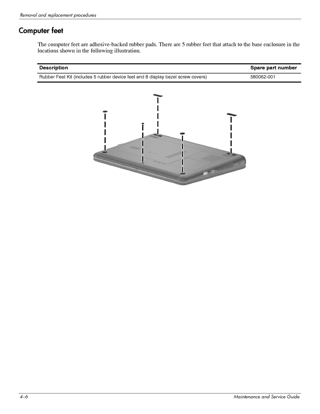 HP 311c-1070EF manual Computer feet, Description Spare part number 