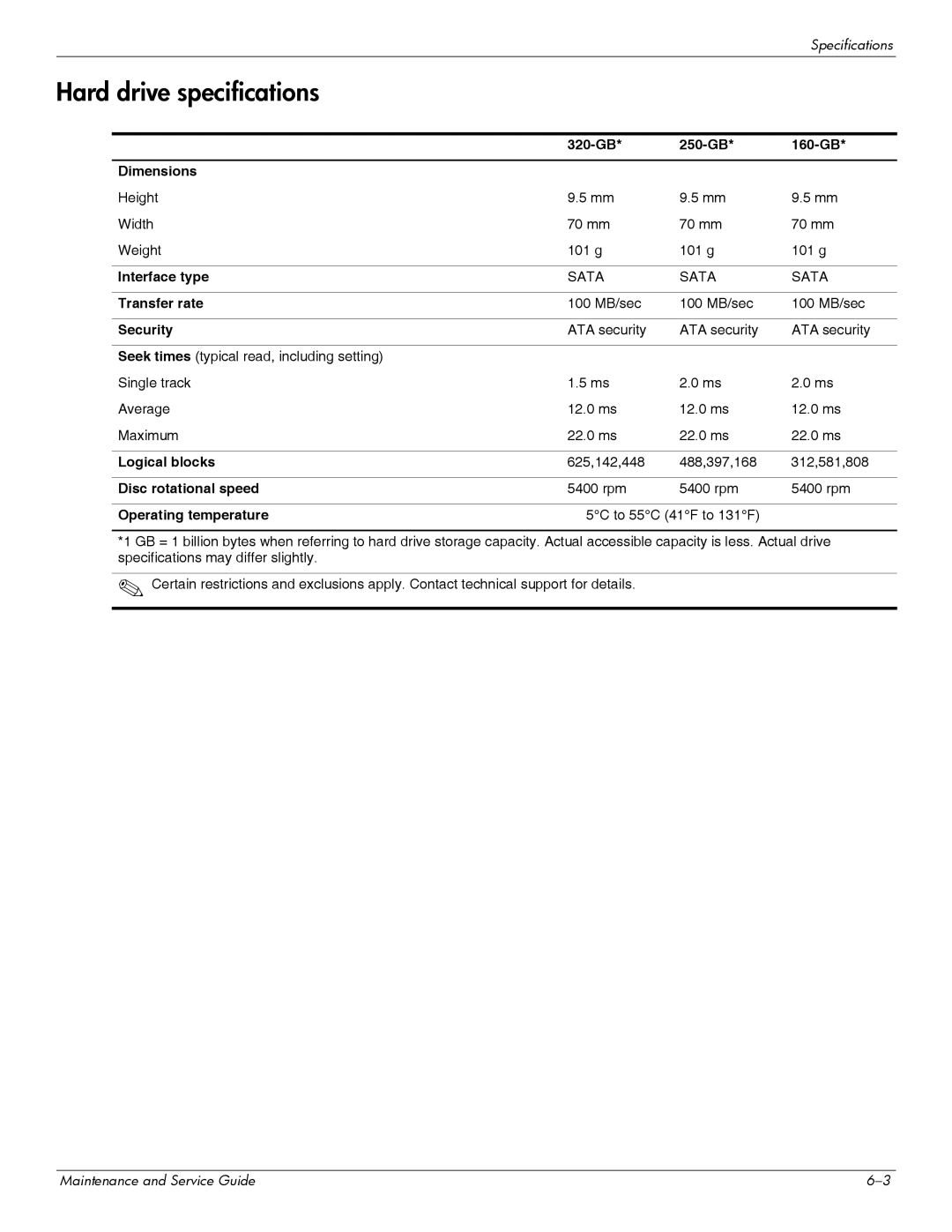 HP 311c-1070EF manual Hard drive specifications 