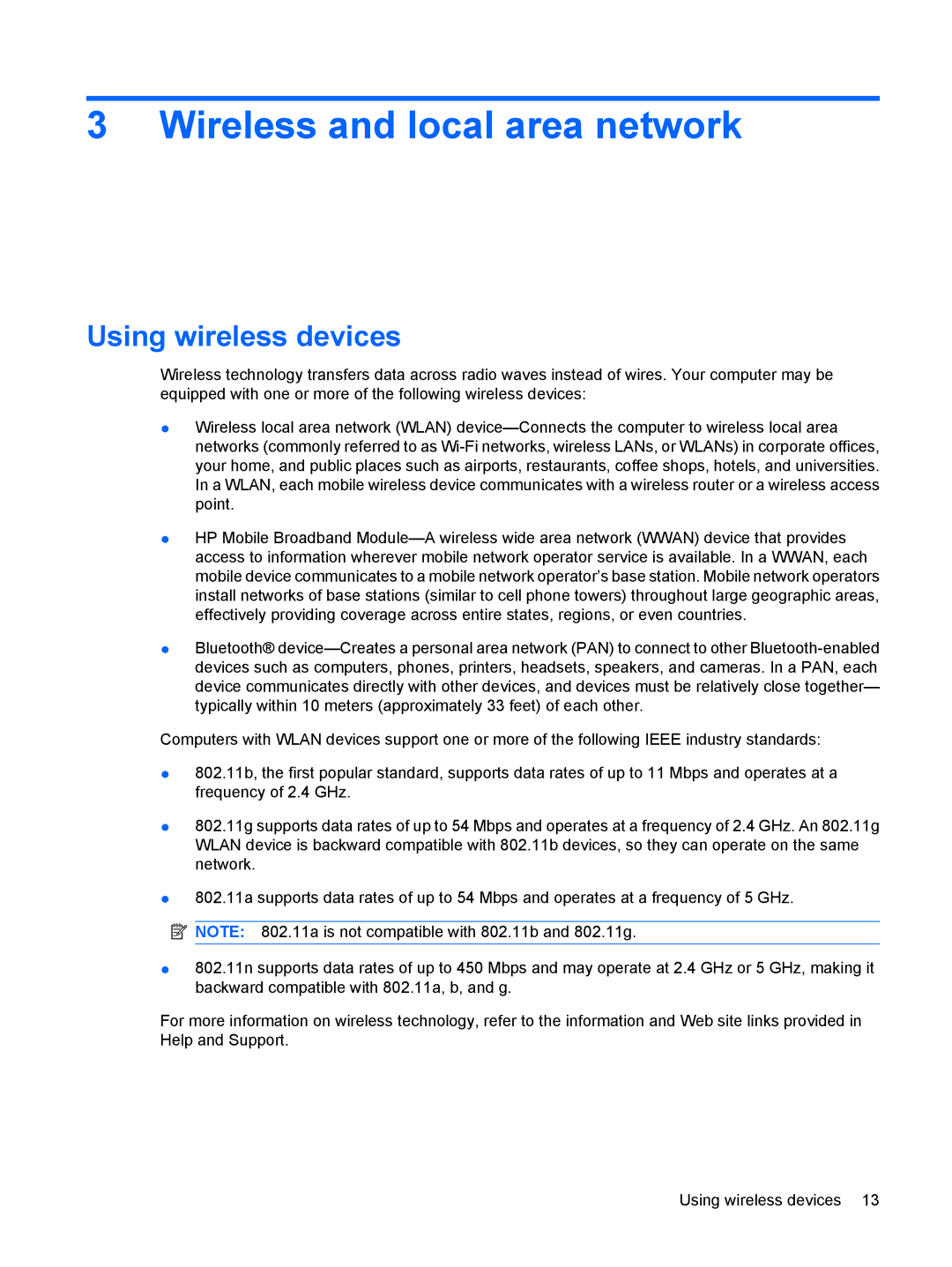 HP 311c-1070EF, 311c-1140EI manual Wireless and local area network, Using wireless devices 