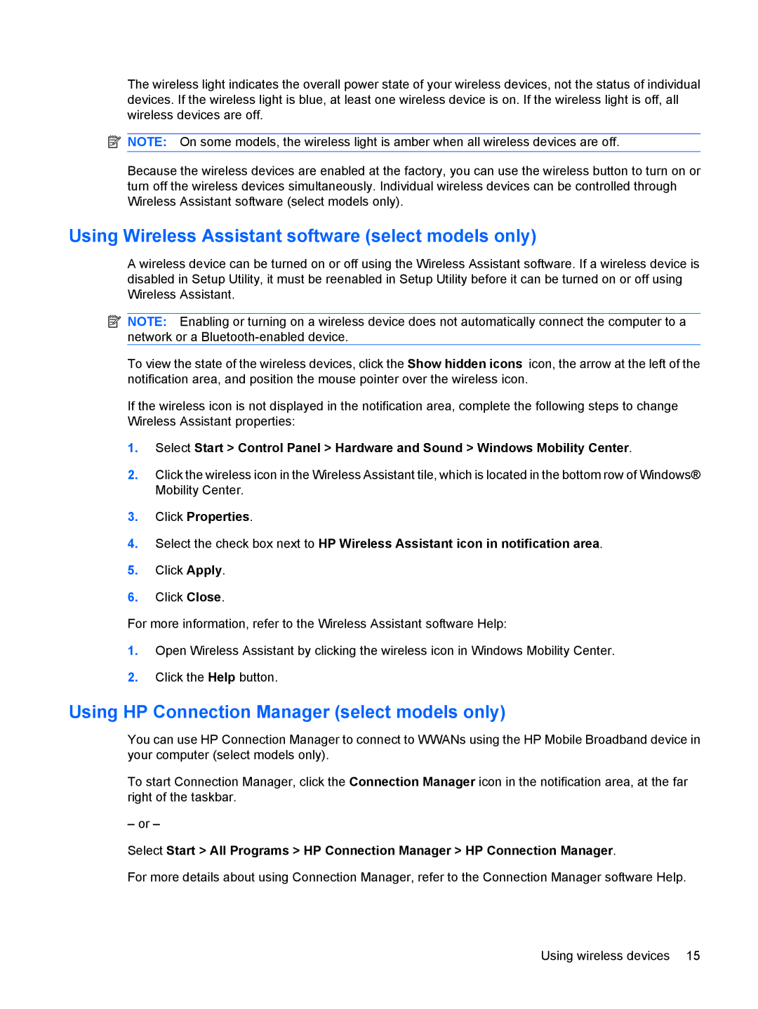 HP 311c-1070EF manual Using Wireless Assistant software select models only, Using HP Connection Manager select models only 