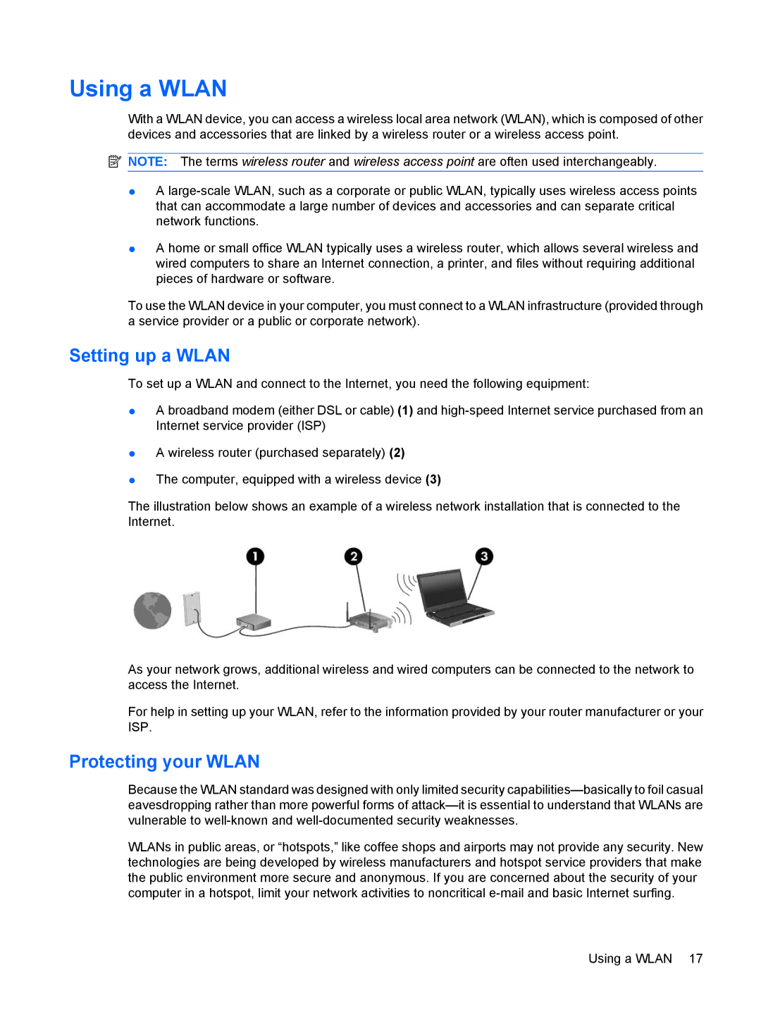 HP 311c-1070EF, 311c-1140EI manual Using a Wlan, Setting up a Wlan, Protecting your Wlan 