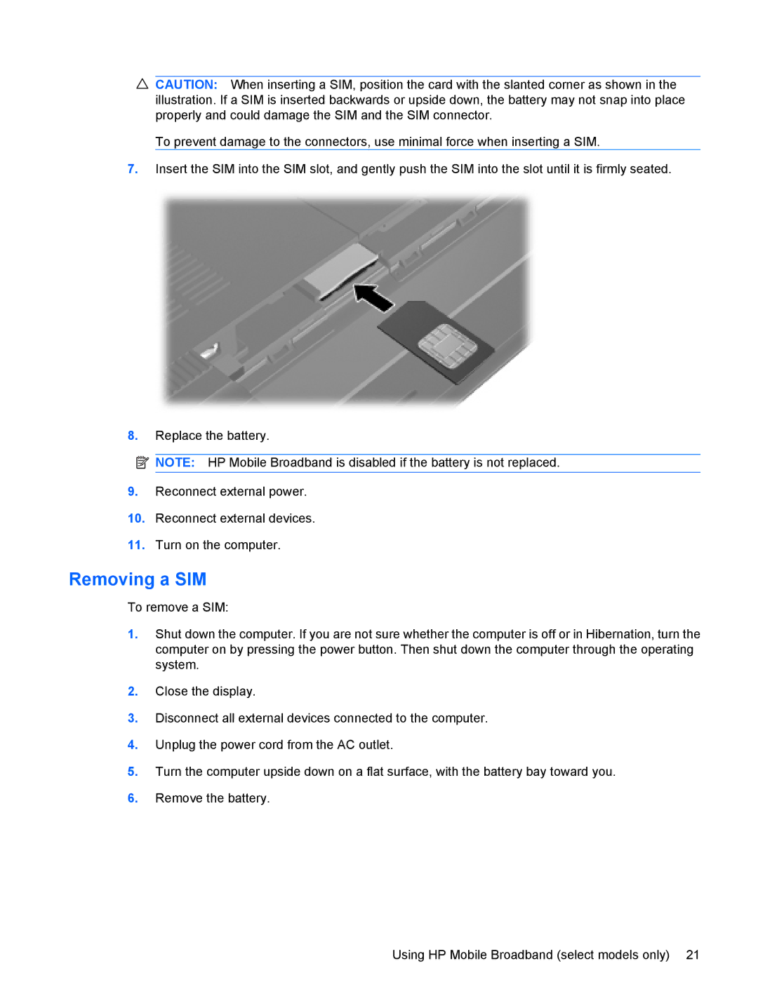 HP 311c-1070EF, 311c-1140EI manual Removing a SIM 