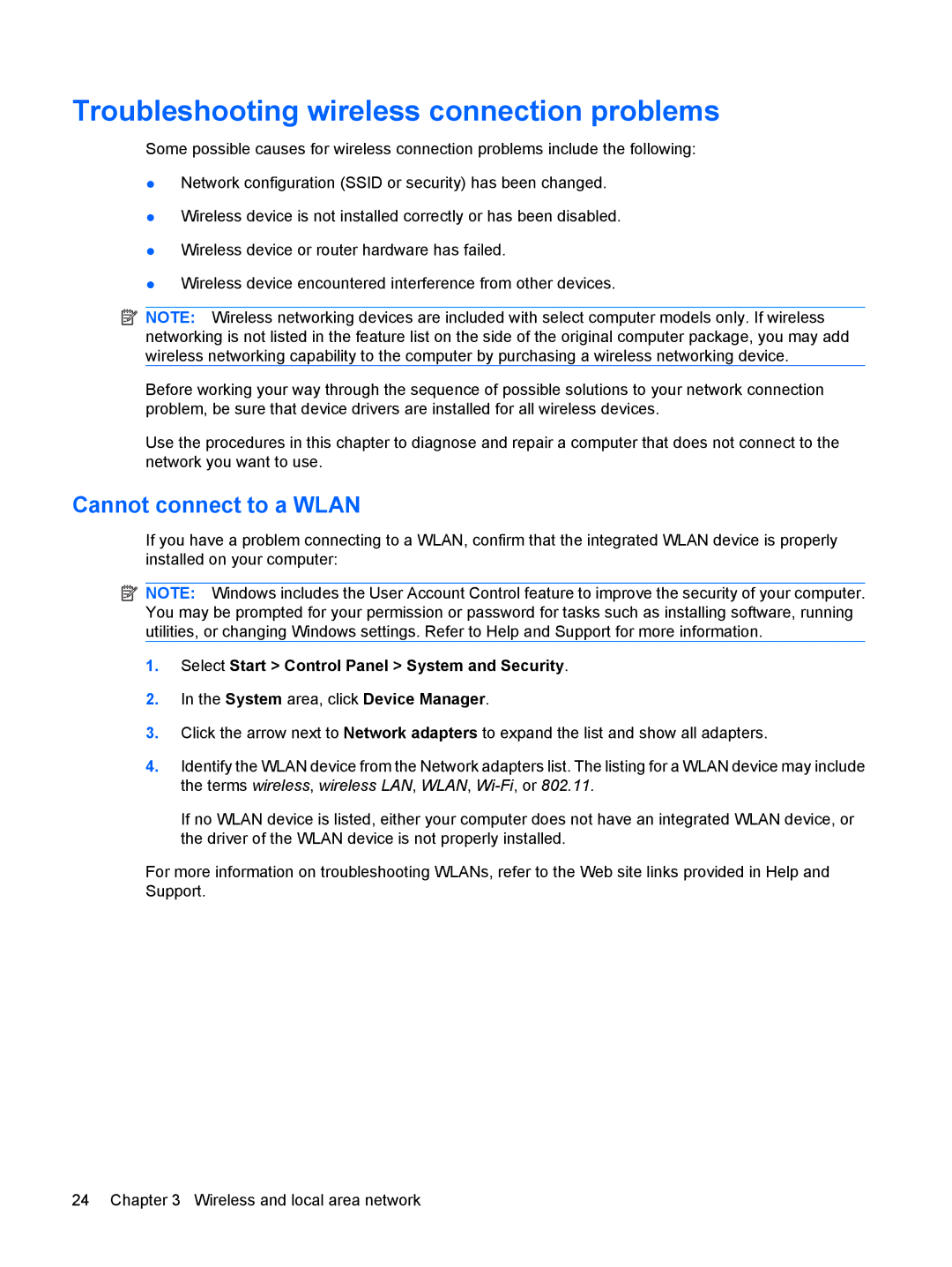 HP 311c-1140EI, 311c-1070EF manual Troubleshooting wireless connection problems, Cannot connect to a Wlan 