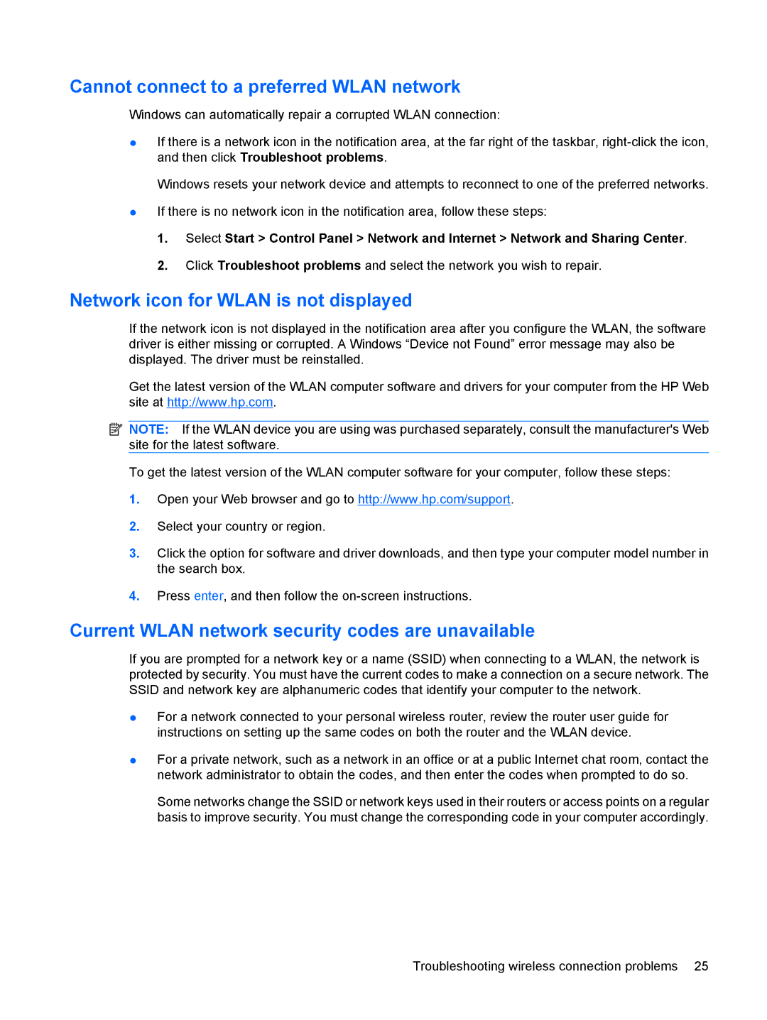 HP 311c-1070EF, 311c-1140EI manual Cannot connect to a preferred Wlan network, Network icon for Wlan is not displayed 