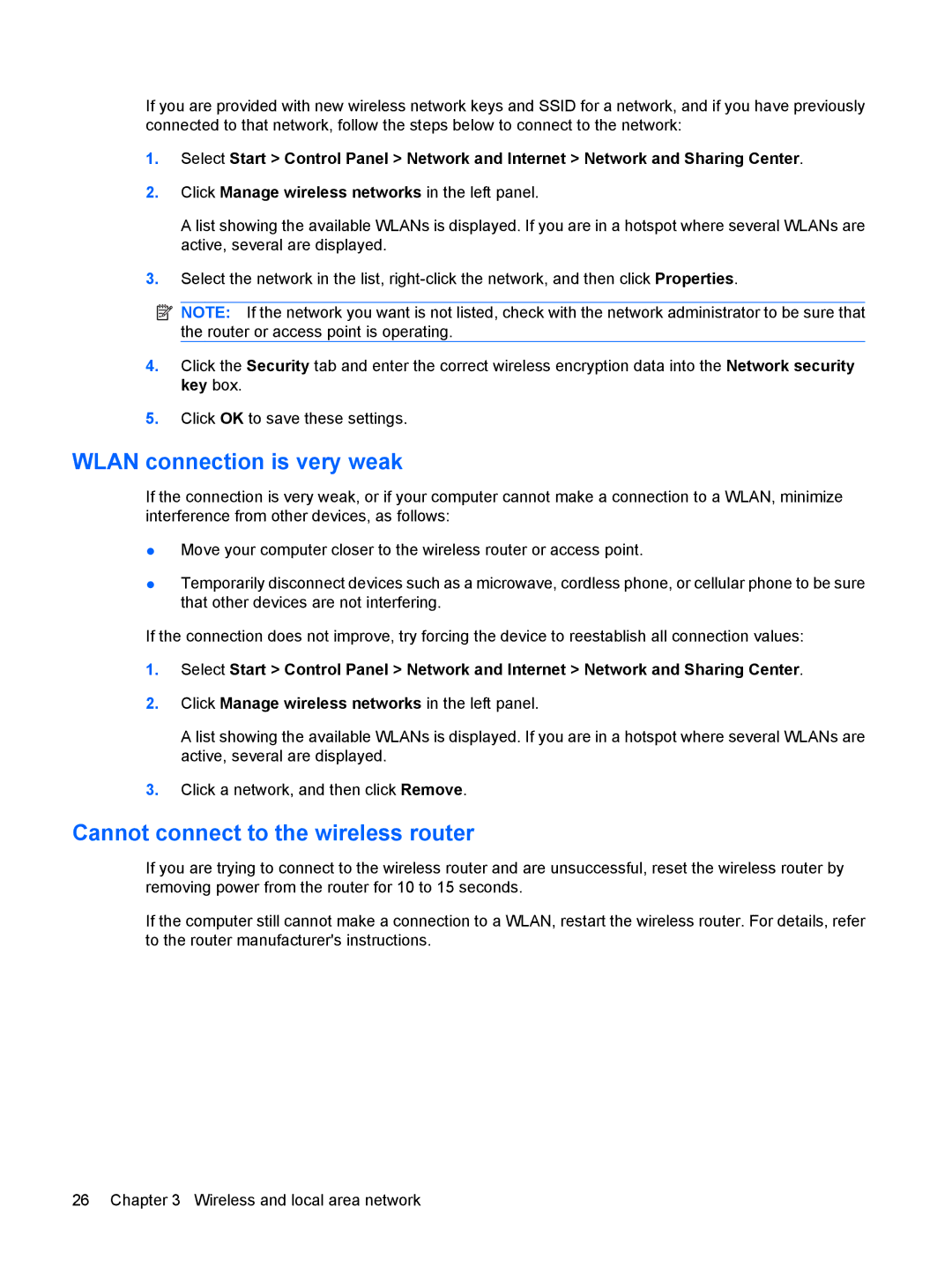 HP 311c-1140EI, 311c-1070EF manual Wlan connection is very weak, Cannot connect to the wireless router 