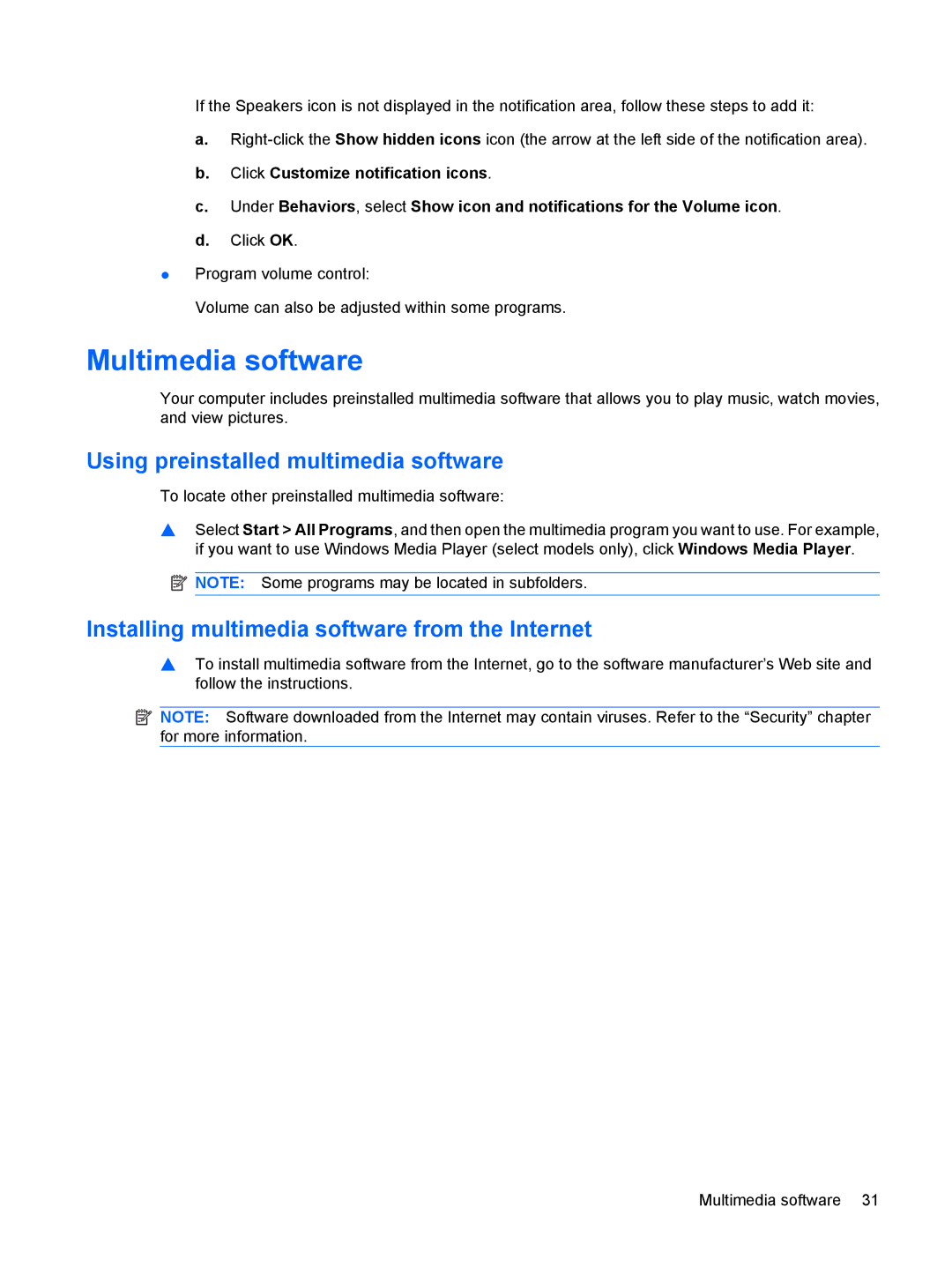 HP 311c-1070EF, 311c-1140EI manual Multimedia software, Using preinstalled multimedia software 