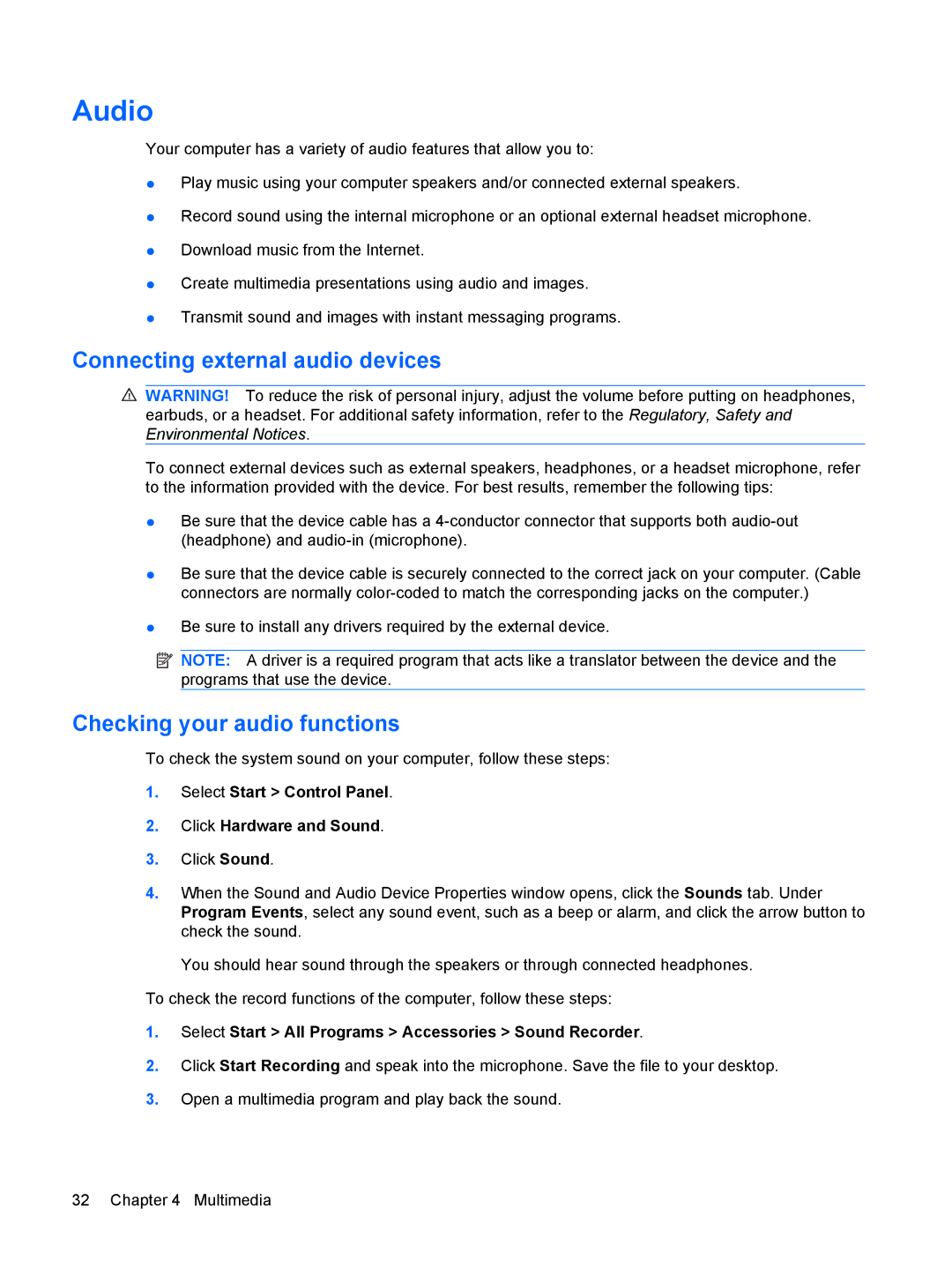 HP 311c-1140EI, 311c-1070EF manual Audio, Connecting external audio devices, Checking your audio functions 