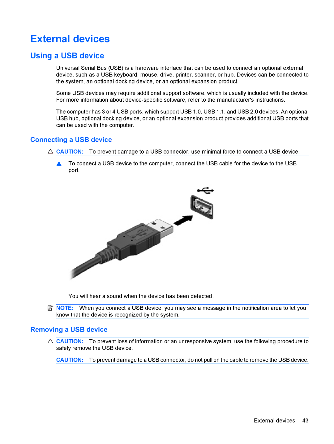 HP 311c-1070EF, 311c-1140EI manual External devices, Using a USB device, Connecting a USB device, Removing a USB device 