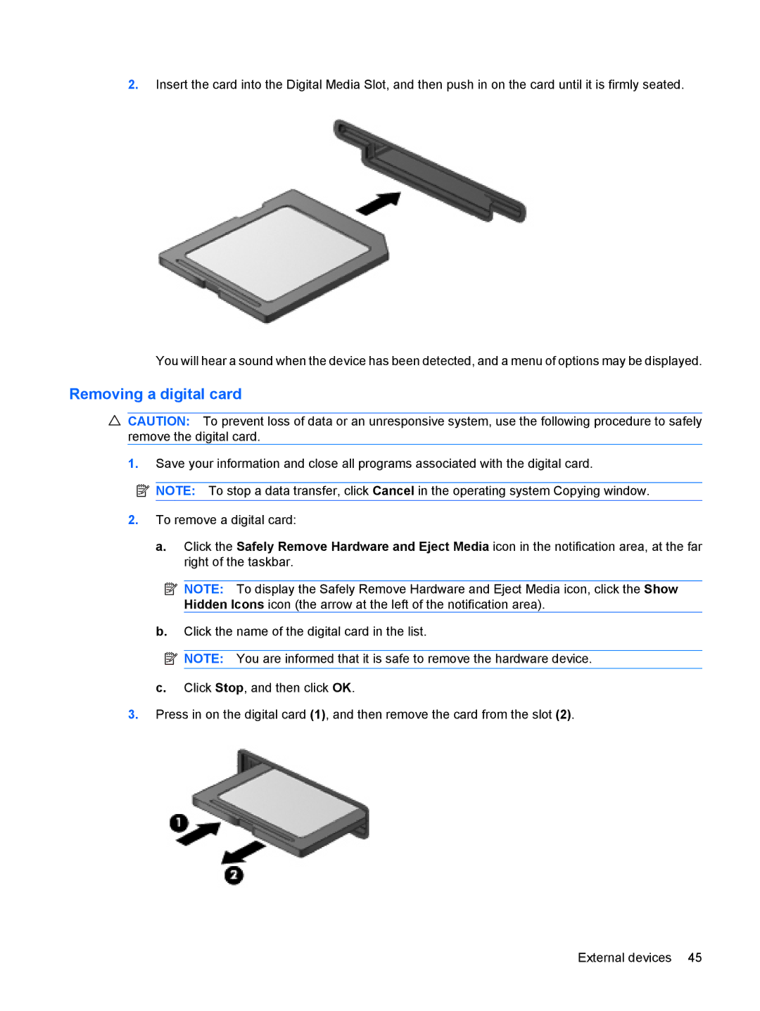 HP 311c-1070EF, 311c-1140EI manual Removing a digital card 