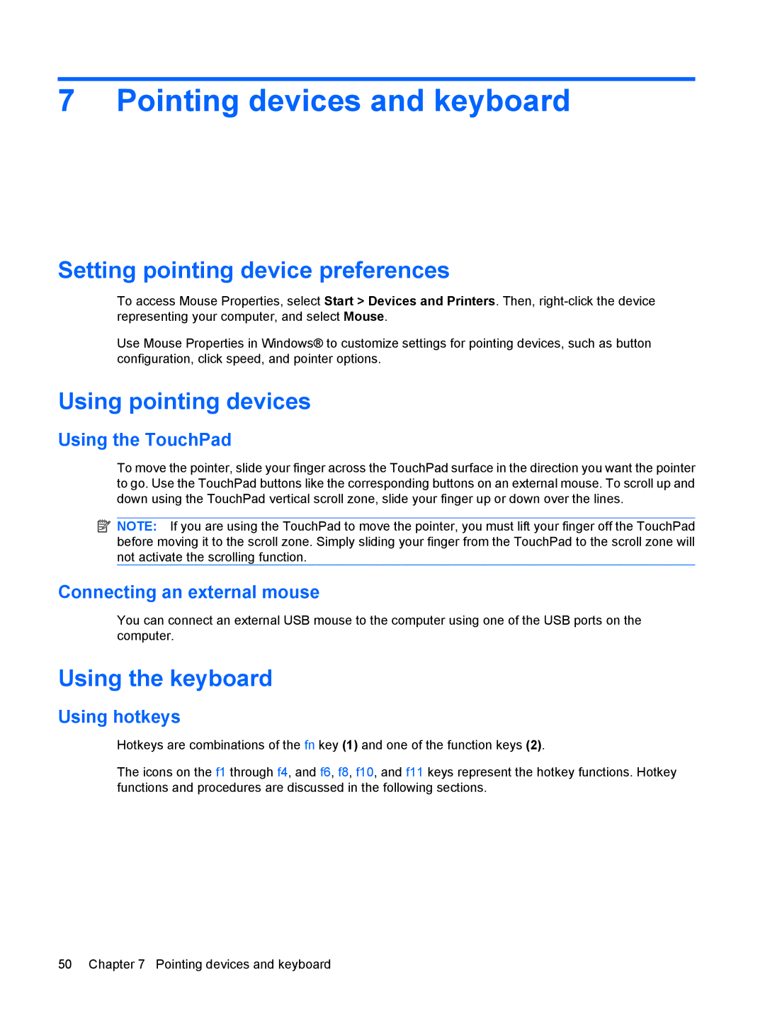 HP 311c-1140EI, 311c-1070EF Pointing devices and keyboard, Setting pointing device preferences, Using pointing devices 