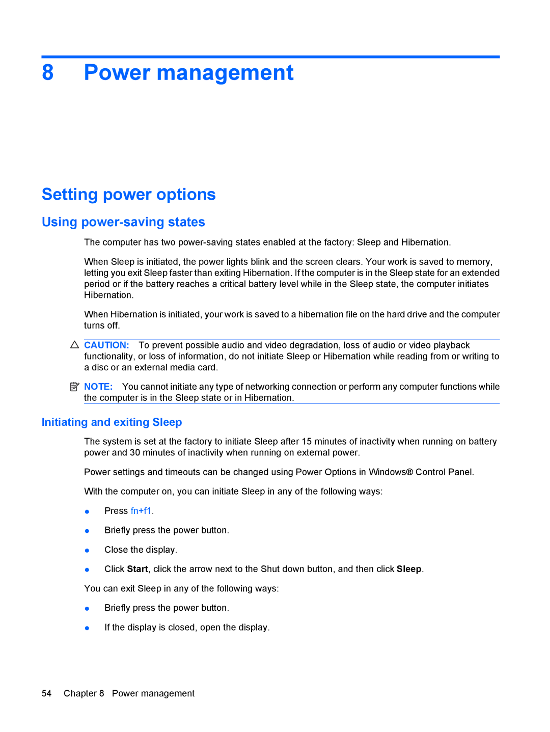 HP 311c-1140EI manual Power management, Setting power options, Using power-saving states, Initiating and exiting Sleep 