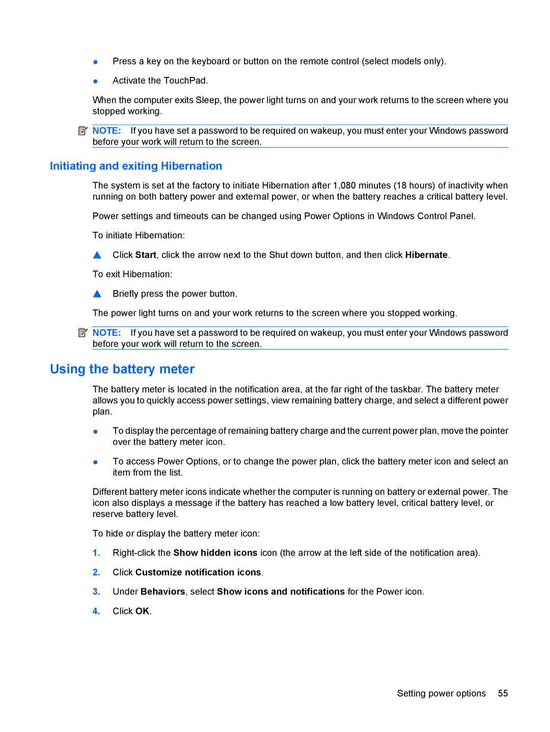 HP 311c-1070EF, 311c-1140EI manual Using the battery meter, Initiating and exiting Hibernation 