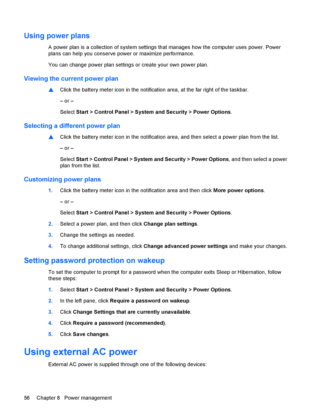 HP 311c-1140EI, 311c-1070EF manual Using external AC power, Using power plans, Setting password protection on wakeup 