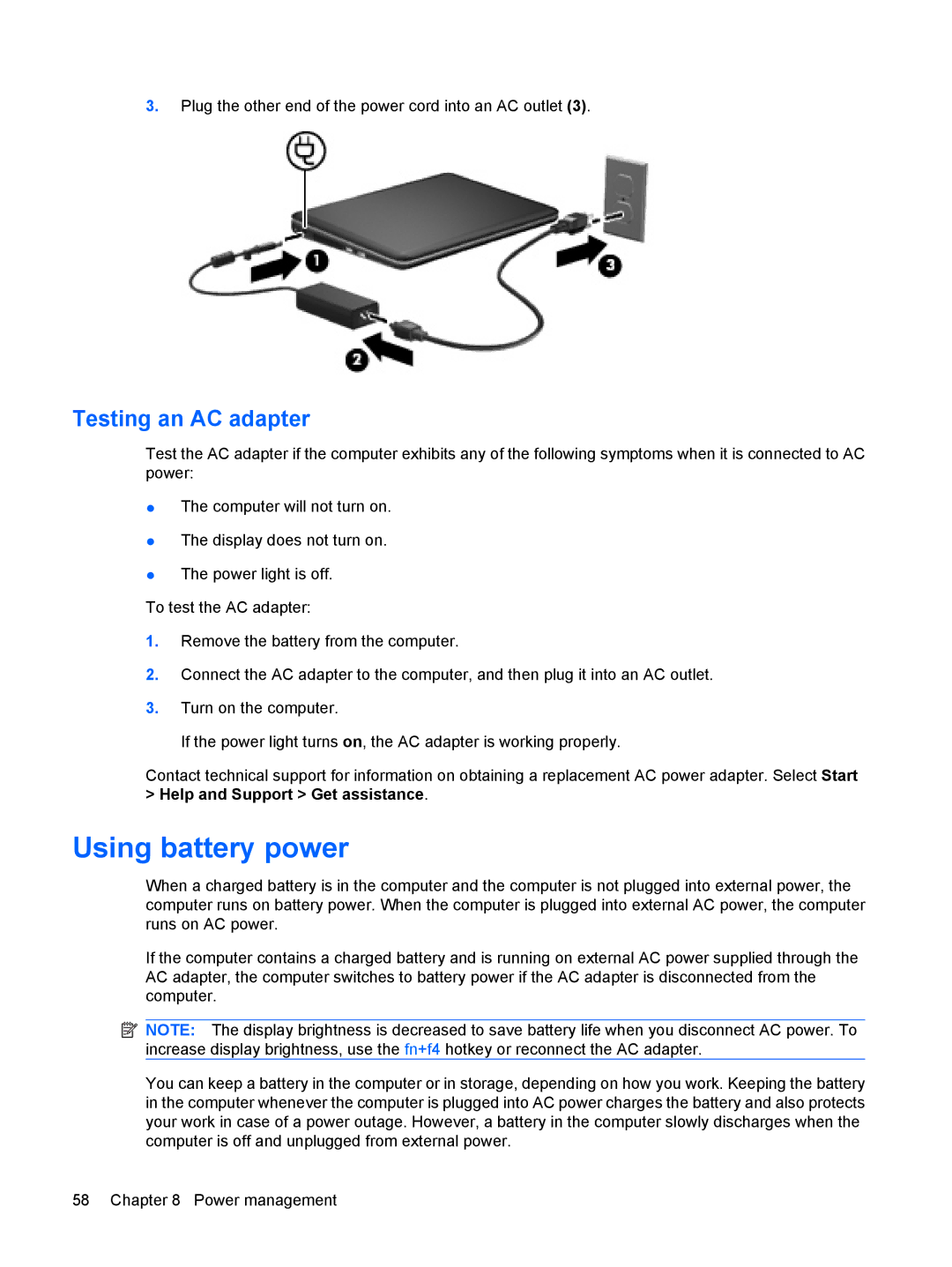 HP 311c-1140EI, 311c-1070EF manual Using battery power, Testing an AC adapter 