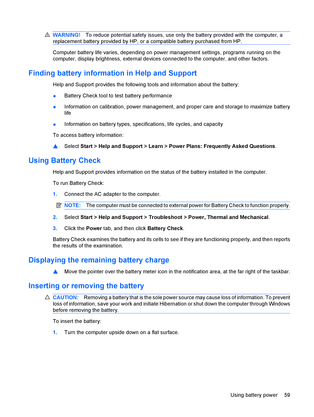 HP 311c-1070EF Finding battery information in Help and Support, Using Battery Check, Inserting or removing the battery 