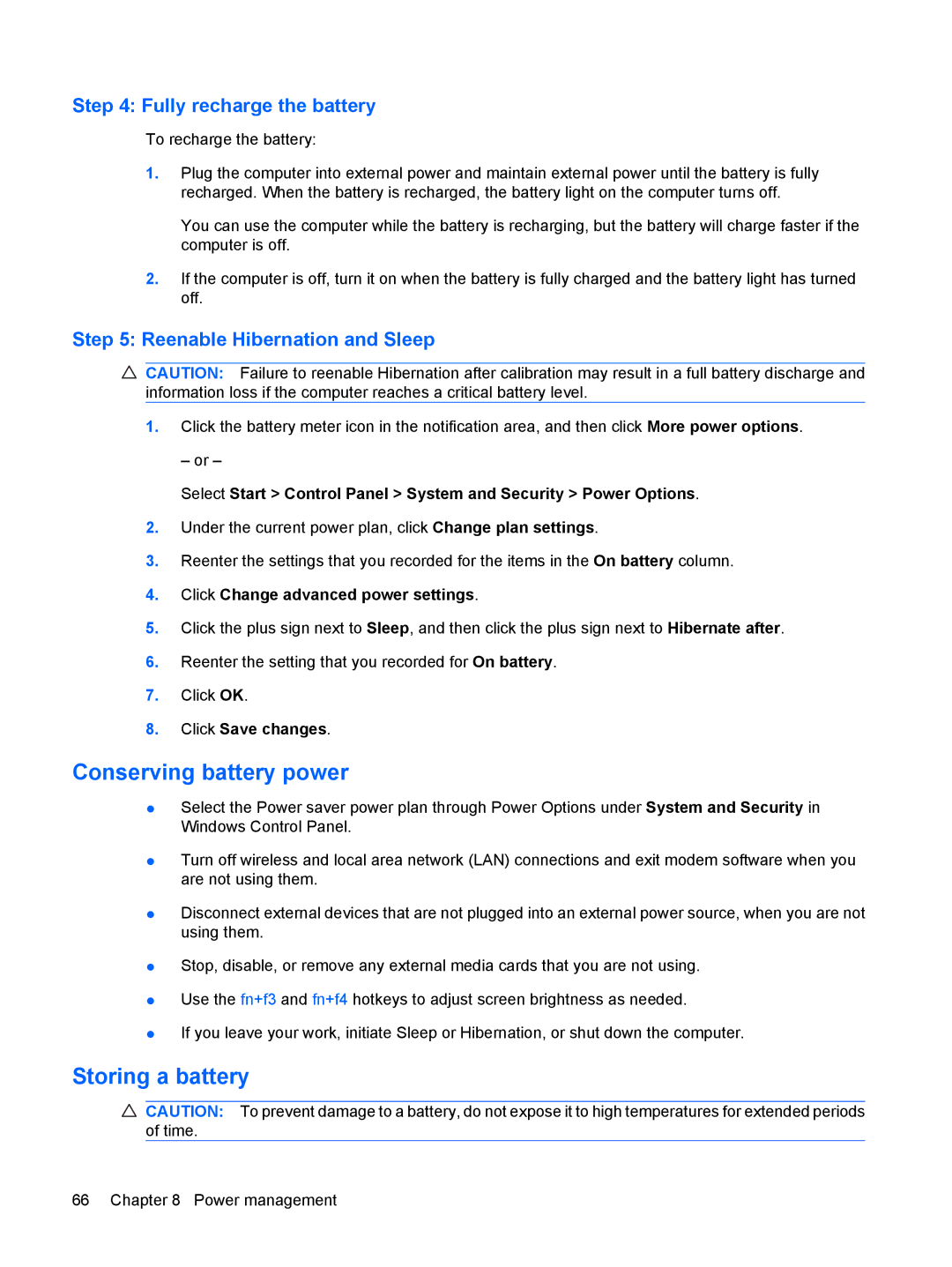 HP 311c-1140EI Conserving battery power, Storing a battery, Fully recharge the battery, Reenable Hibernation and Sleep 