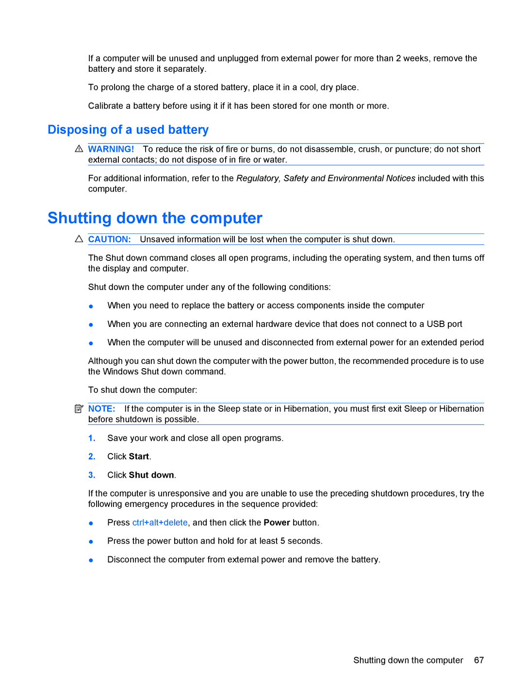 HP 311c-1070EF, 311c-1140EI manual Shutting down the computer, Disposing of a used battery 