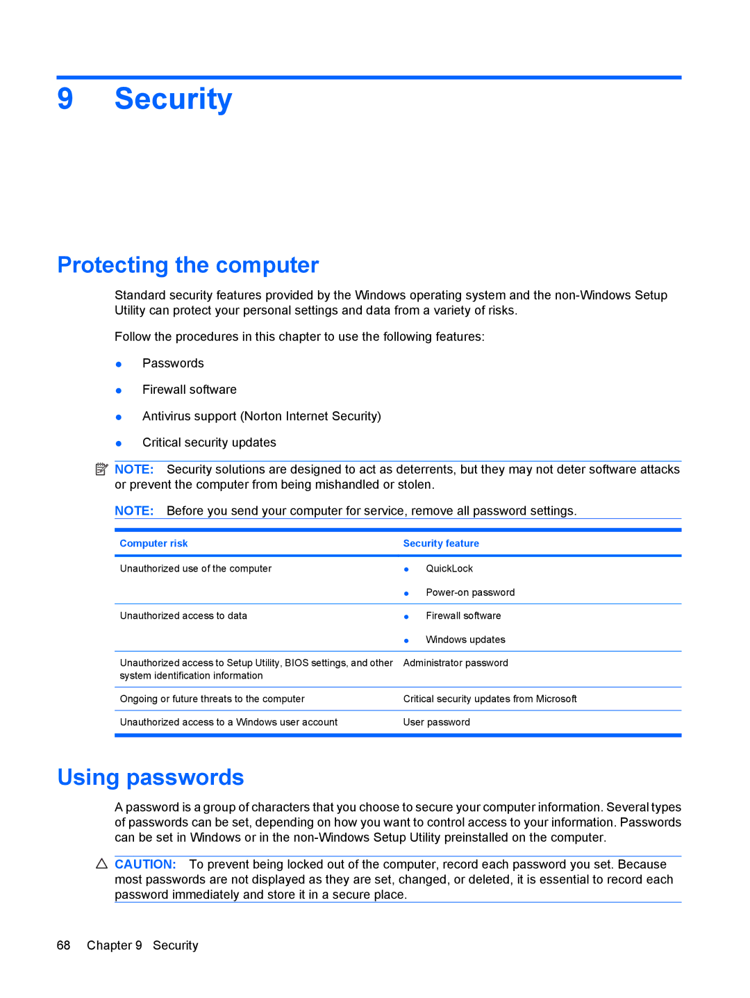 HP 311c-1140EI, 311c-1070EF manual Security, Protecting the computer, Using passwords 