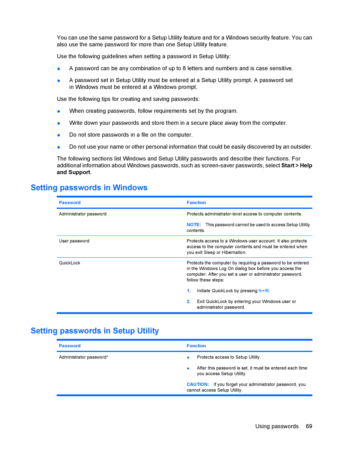 HP 311c-1070EF, 311c-1140EI manual Setting passwords in Windows, Setting passwords in Setup Utility 