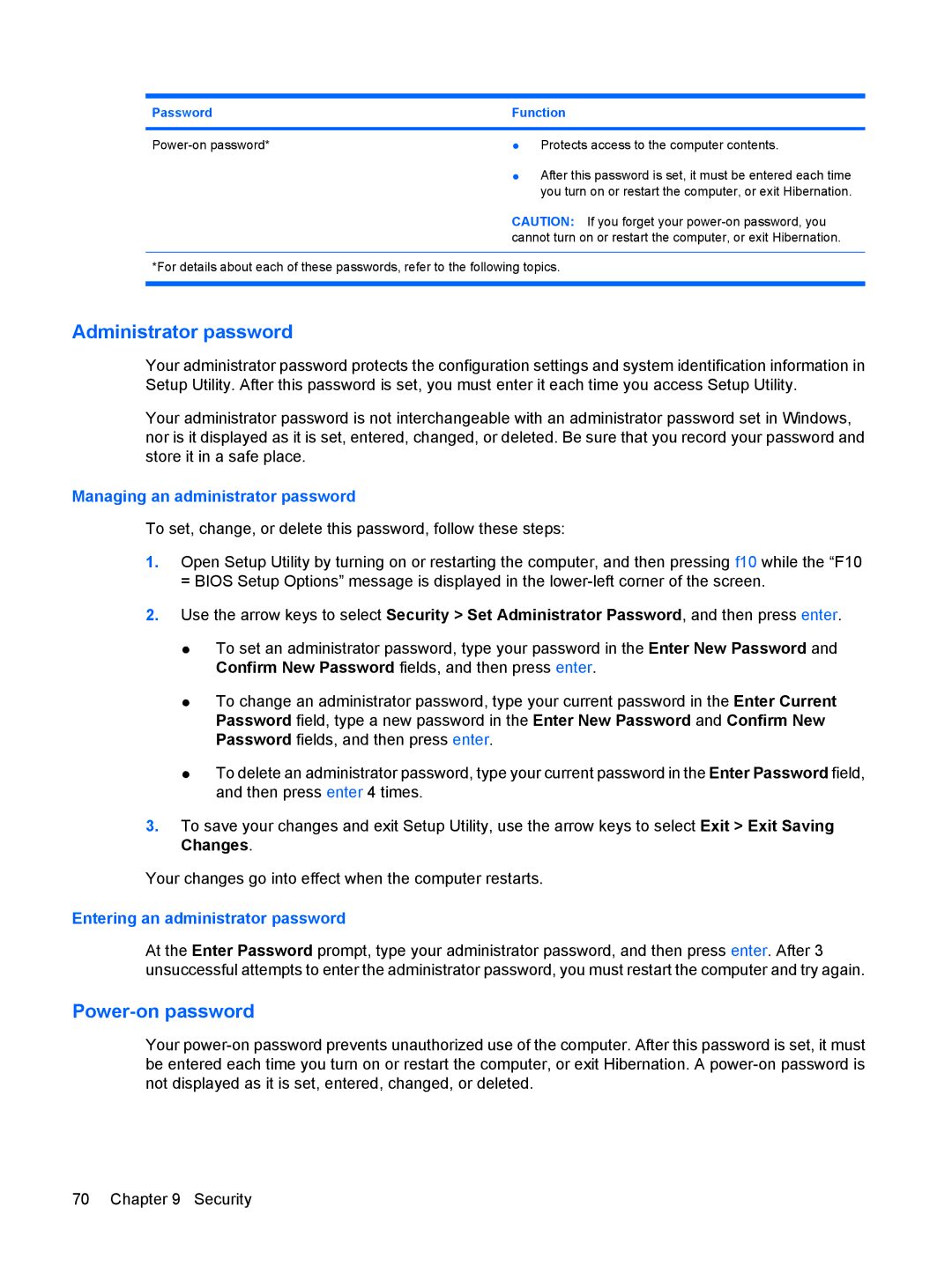 HP 311c-1140EI, 311c-1070EF manual Administrator password, Power-on password 