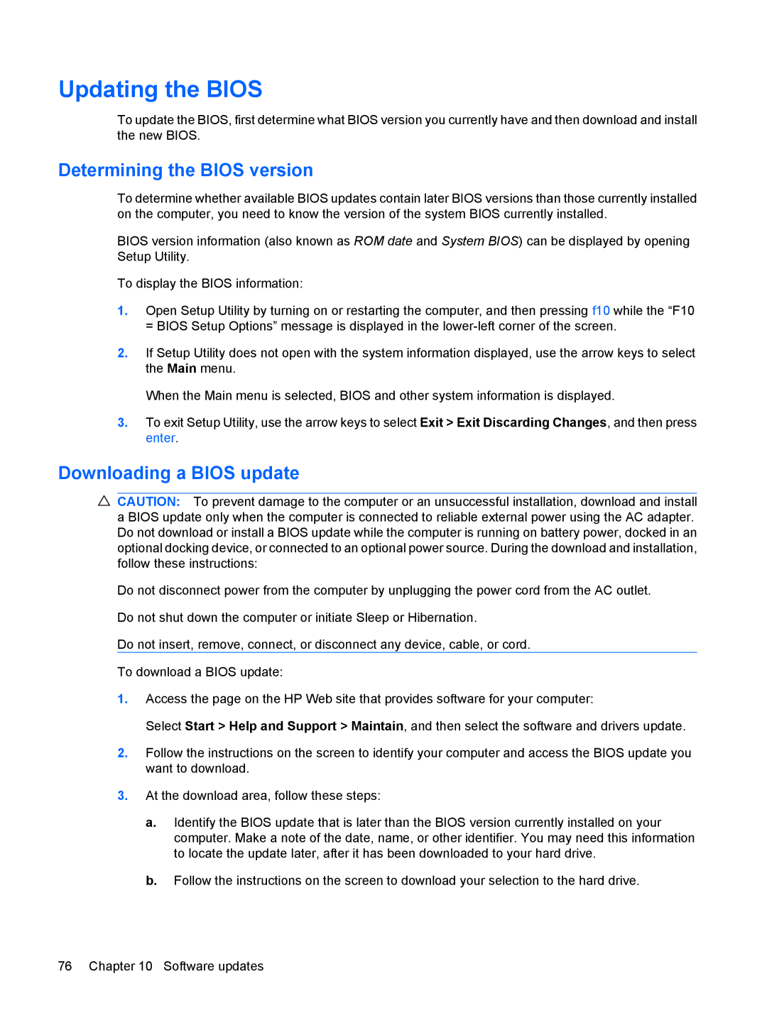 HP 311c-1140EI, 311c-1070EF manual Updating the Bios, Determining the Bios version, Downloading a Bios update 