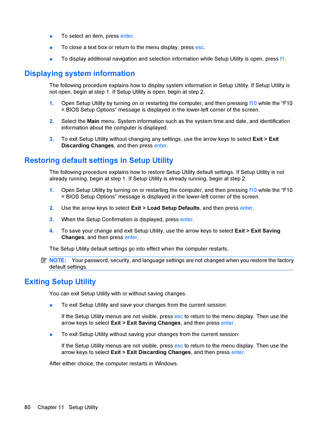 HP 311c-1140EI manual Displaying system information, Restoring default settings in Setup Utility, Exiting Setup Utility 