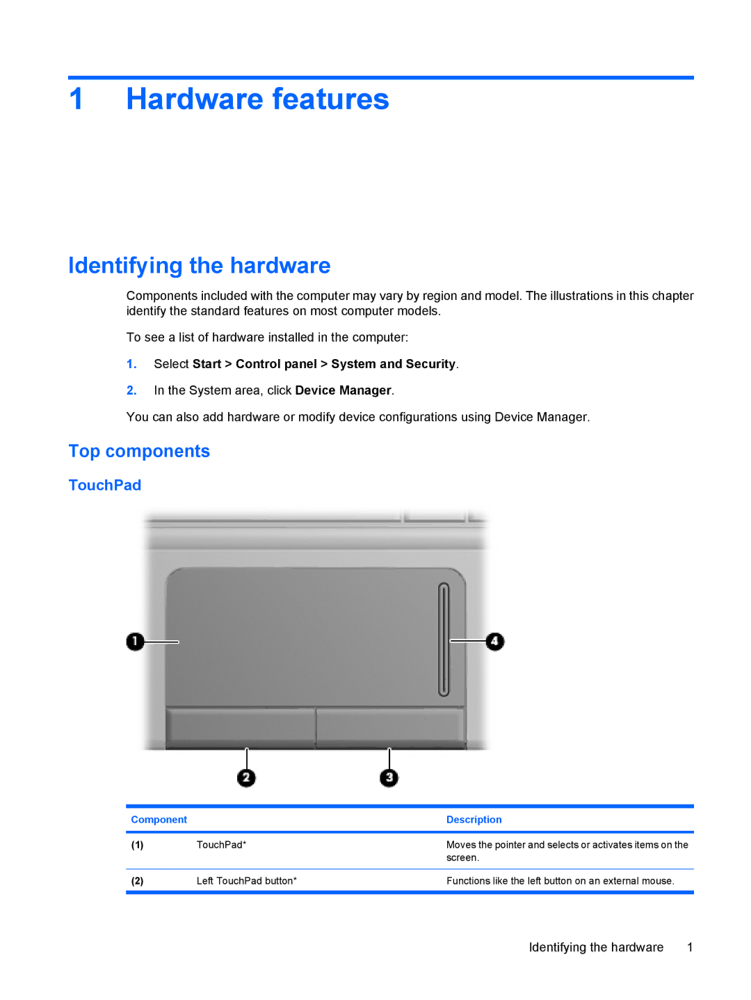 HP 311c-1070EF, 311c-1140EI manual Hardware features, Identifying the hardware, Top components, TouchPad 