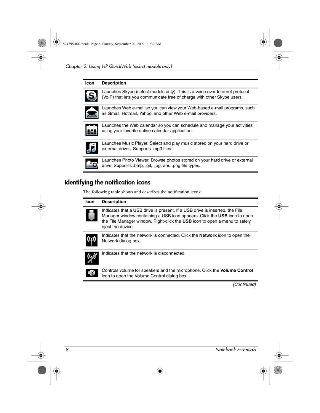 HP 311c-1140EI, 311c-1070EF Identifying the notification icons, Following table shows and describes the notification icons 