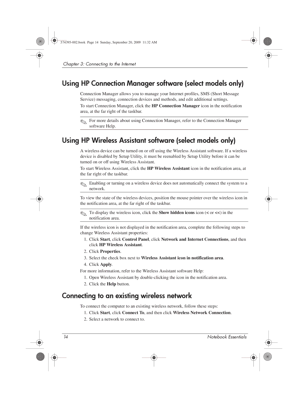 HP 311c-1140EI manual Using HP Connection Manager software select models only, Connecting to an existing wireless network 