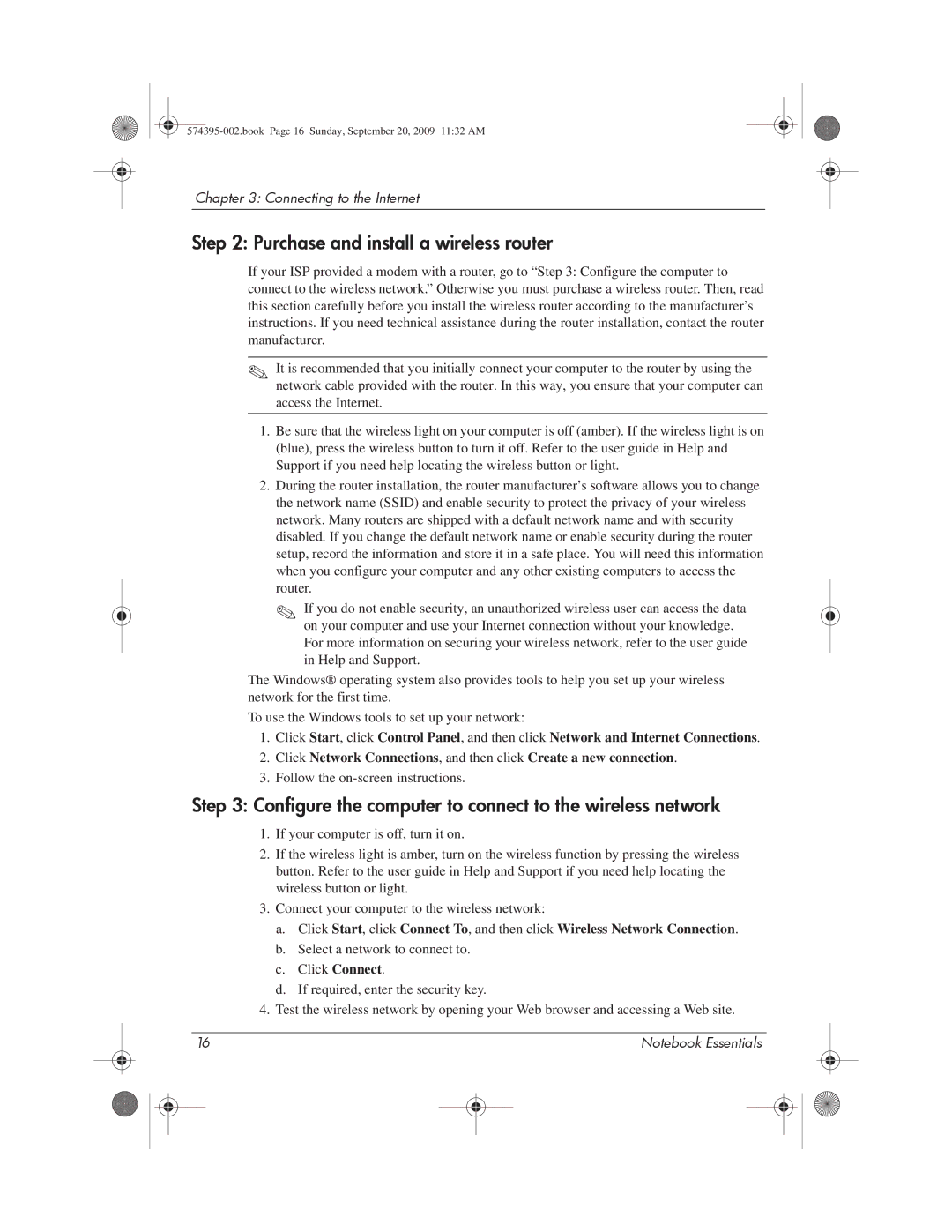 HP 311c-1140EI manual Purchase and install a wireless router, Configure the computer to connect to the wireless network 