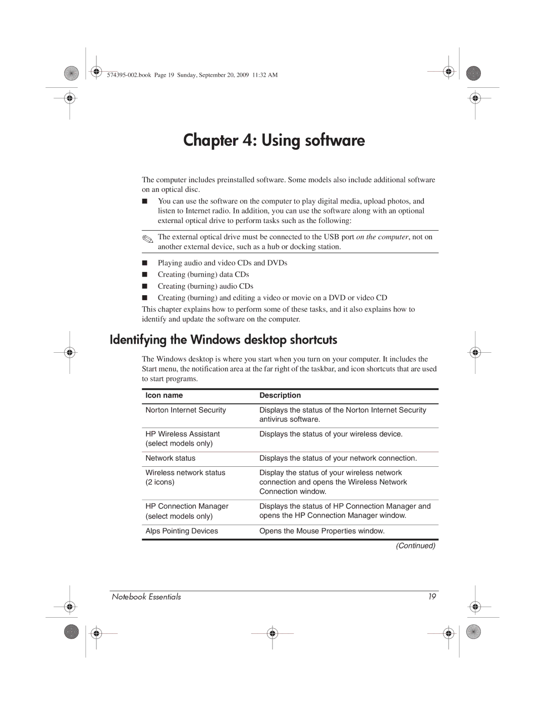 HP 311c-1070EF, 311c-1140EI manual Using software, Identifying the Windows desktop shortcuts 