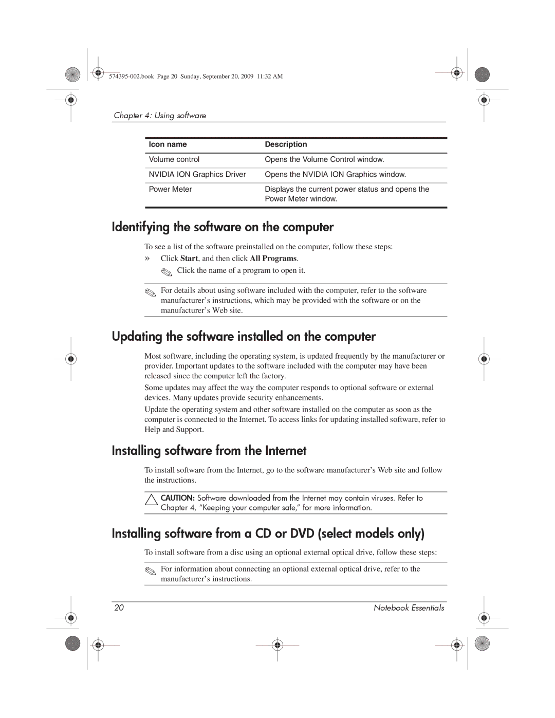 HP 311c-1140EI, 311c-1070EF manual Identifying the software on the computer, Updating the software installed on the computer 