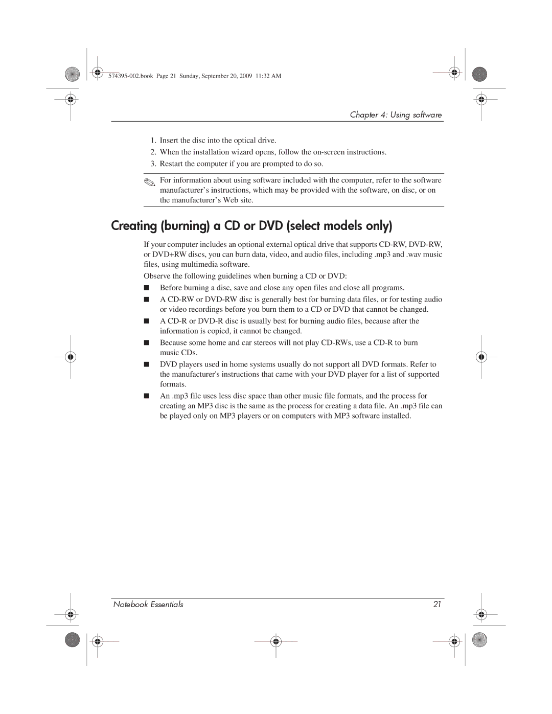 HP 311c-1070EF, 311c-1140EI manual Creating burning a CD or DVD select models only 